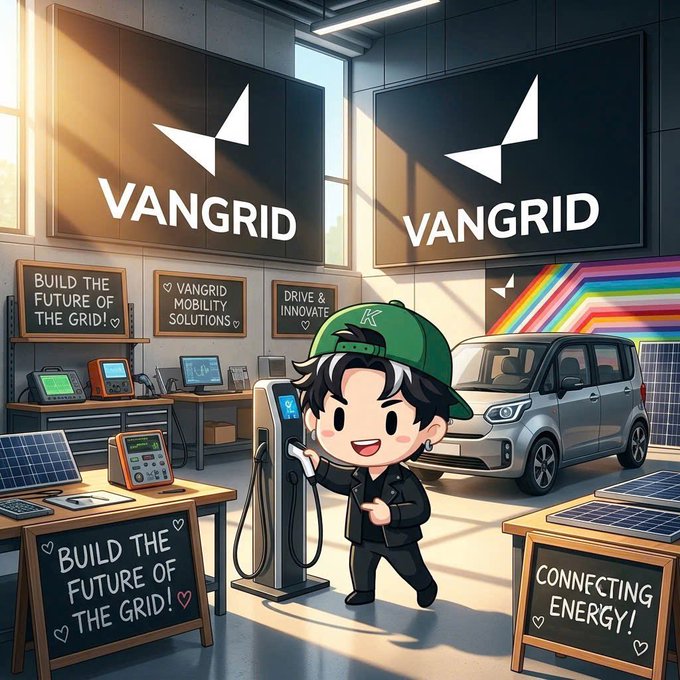 An anime-style illustration shows a character in a green cap standing next to an EV charging station, with 'VANGRID' signs on the wall and chalkboards reading 'BUILD THE FUTURE OF THE GRID!' and 'CONNECTING ENERGY!'.
