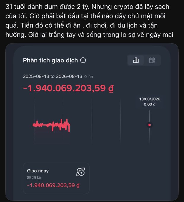 A screenshot in Vietnamese about losing money on crypto, with text reading '31 tuổi đánh đum được 2 tỷ. Những crypto đã lấy sạch của tôi' and showing a massive loss of '-1.940.069.203,59 đ' from 8,529 trades between 2025-08-13 and 2026-08-13.