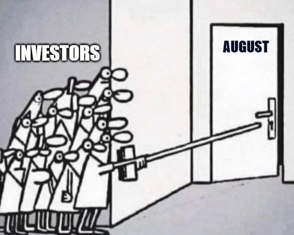 A crowd of stick figures labeled "INVESTORS" collectively uses a long pole to pry open a door marked "AUGUST," symbolizing crypto and BTC holders eagerly trying to break into a historically bearish month hoping for a "Green" reversal. The meme humorously captures the desperation and optimism of investors pushing past resistance to access positive returns.