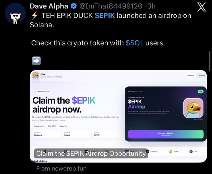 A tweet by Dave Alpha (@ImThat84999120) announcing the $EPIK airdrop launch on Solana, directing users to claim via newdrop.fun.