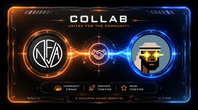 A futuristic "COLLAB: UNITED FOR THE COMMUNITY" banner featuring NFA and The Saudis NFT logos flanking a handshake symbol, highlighting community benefits like "Community Strong," "Innovate Together," and "Grow Together." The graphic announces NFA's partnership with The Saudis NFT as the project relaunches on the Robinhood Chain with a new collection of 5,555 "Rigs" NFTs.