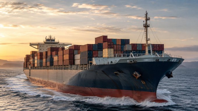 A large blue container ship loaded with colorful shipping containers sailing through ocean waters at sunset.