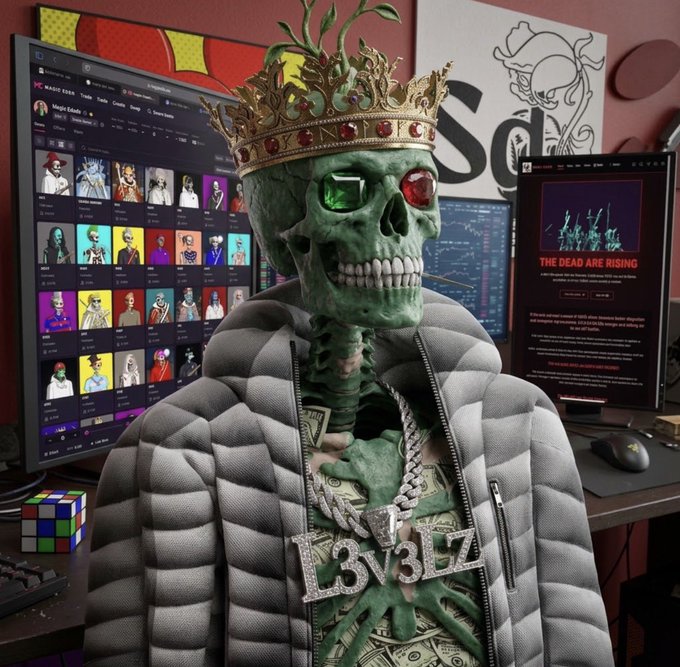 A 3D-rendered green skeleton wearing a golden crown, sunglasses, a puffy jacket, and a diamond "1337" chain, sitting at a desk with NFT marketplace screens in the background.