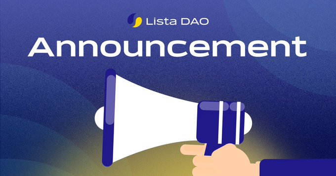 The image shows a person holding a megaphone with the words "Announcement" written above it, along with a blue background that says "LISTA Dao". The text indicates that there are currently 800 Million tokens available for purchase on August 2025, and 200 Million tokens have been burned.