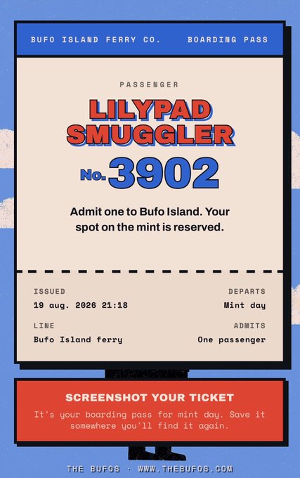 A digital boarding pass for 'Bufo Island Ferry Co.' for passenger 'Lilypad Smugler' (No. 3902), admitting one passenger on 'Mint day' for the Bufo Island ferry, issued 19 aug. 2026 at 21:18.