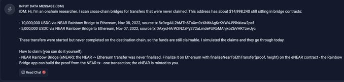 A screenshot of a research message (IDM) explaining how to claim unclaimed cross-chain bridge transfers, including 10,000,000 USDC from NEAR Rainbow Bridge to Ethereum and 5,000,000 USDC from NEAR Rainbow Bridge to Ethereum, via the finalizeNearToEthTransfer method on the enNEAR contract.
