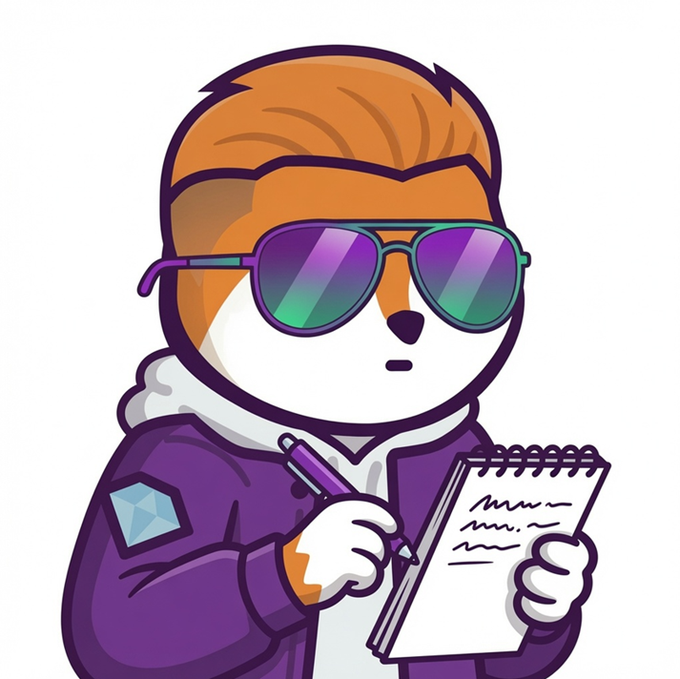 A cartoon mascot character with orange fur wears purple-tinted aviator sunglasses and a purple jacket, holding a pen and a notepad.
