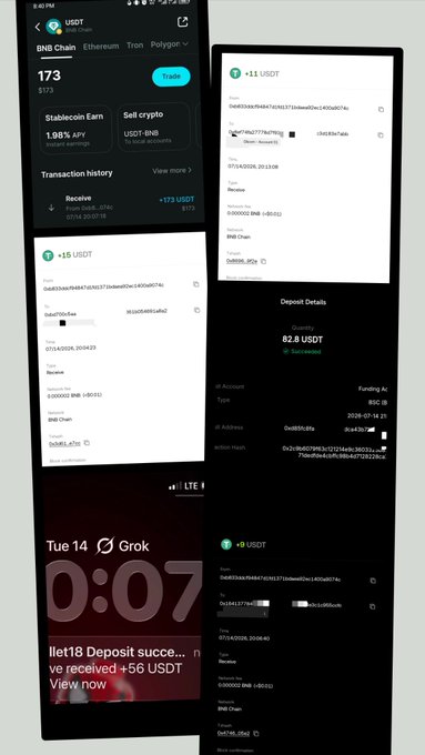 Screenshots showing cryptocurrency transactions with USDT and BNB tokens, displaying a balance of 173, transaction histories, and deposit details of 82.8 USDT.