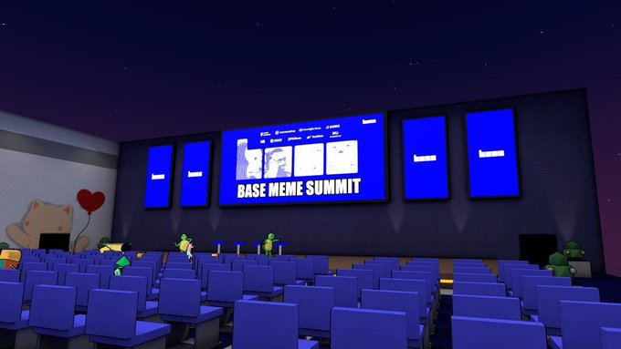 A 3D-rendered auditorium labeled “BASE MEME SUMMIT” has rows of purple seats and small cartoon characters near the stage.