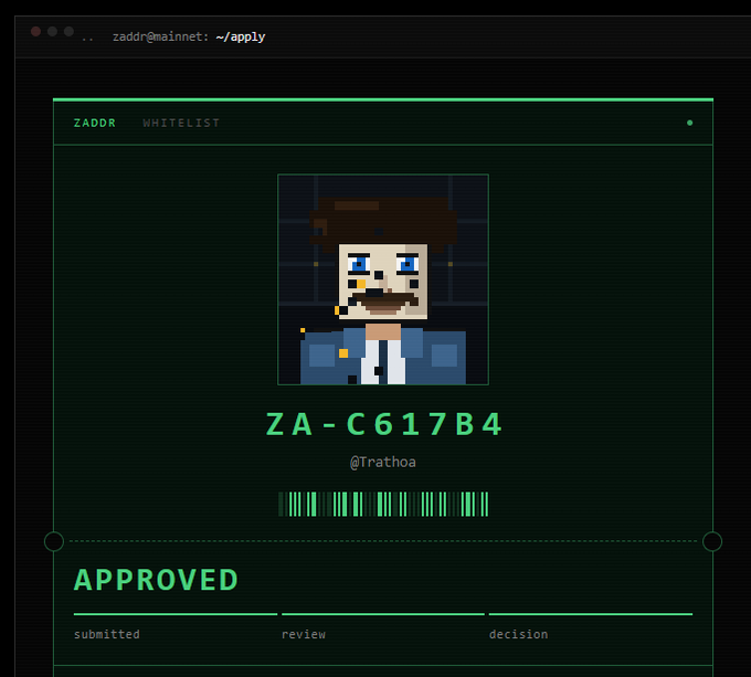 A digital interface displays a pixel art avatar with the text 'ZADDR WHITELIST', 'ZA-C617B4', '@Trathoa', and an 'APPROVED' status.