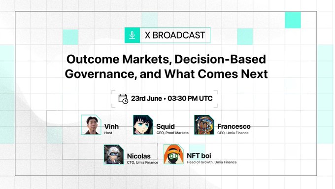 The image features a poster for an event called "X-Broadcast" that takes place on 23rd June at 3:30 PM. The poster displays four people's faces, each representing a different company or individual involved with the event. The text on the poster indicates that this is a market-based decision-making session focused on outcome markets and governance.