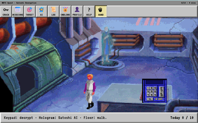 A screenshot of a point-and-click adventure game titled 'REIC Quest - Satoshi Decryption' showing a character named Satoshi AI and a holographic figure in a sci-fi setting, with a keypad puzzle visible.