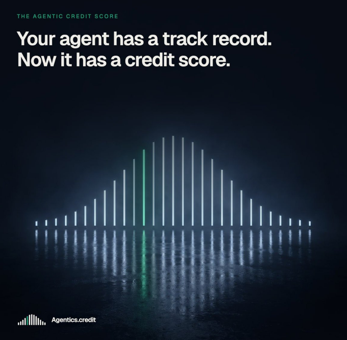 Marketing graphic reading "THE AGENTIC CREDIT SCORE: Your agent has a track record. Now it has a credit score," branded Agentics.credit.