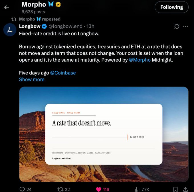 A social media post from Longbow announcing 'Fixed-rate credit is live on Longbow,' describing borrowing against tokenized assets with an attached promotional image reading 'A rate that doesn't move.'
