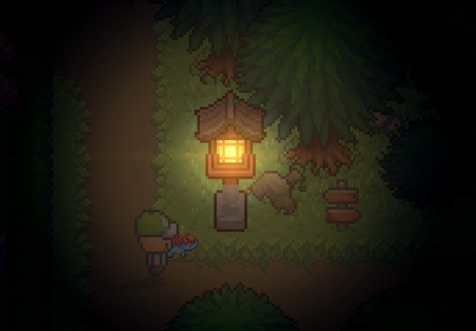 A pixel art scene from a video game showing a small character with a red pet standing near a glowing lantern on a wooden post in a dark, forested area at night.