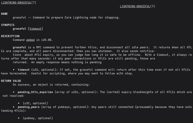 A terminal help page documenting the 'lightning-graceful' RPC command used to prepare a Core Lightning node for stopping.