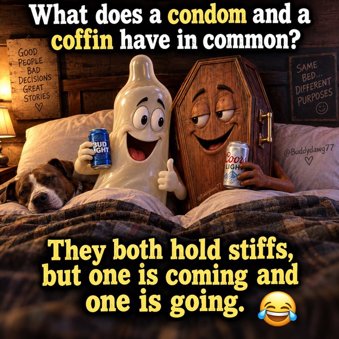 A humorous meme featuring anthropomorphized condom and coffin characters in bed with a dog, asking 'What does a condom and a coffin have in common?' with the punchline 'They both hold stiffs, but one is coming and one is going.'