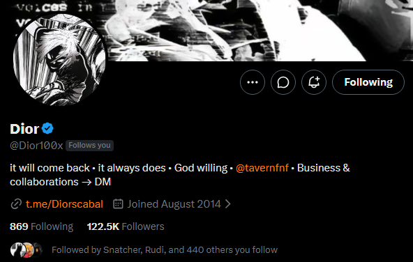 The image shows a Twitter/X profile for "Dior" (@Dior100x) with a verified blue checkmark, displaying "122.5K Followers" and "869 Following," along with a bio that reads "it will come back • it always does • God willing • @taverrfnf • Business & collaborations → DM." The accompanying post "Yo Dior let me in the cabal twin" plays on the bio's mention of "cabal" (referenced in the link "t.me/Diorscabal"), as the user begs for access to the exclusive group.