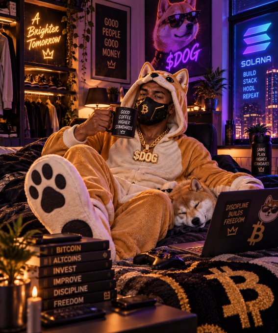 A person in a dog-themed onesie holds a 'GOOD COFFEE HIGHER STANDARDS' mug in a crypto-themed room featuring neon signs reading 'A Brighter Tomorrow', 'GOOD PEOPLE GOOD MONEY', '$DOG', and 'SOLANA BUILD STACK HODL REPEAT', with books titled 'BITCOIN', 'ALTCOINS', 'INVEST', 'IMPROVE', 'DISCIPLINE', 'FREEDOM' and a laptop displaying 'DISCIPLINE BUILDS FREEDOM'.