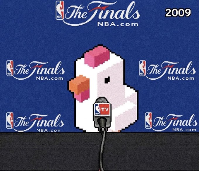 A pixel art illustration features a white and pink bird at an NBA TV microphone against a blue backdrop patterned with 'The Finals 2009' NBA logos.
