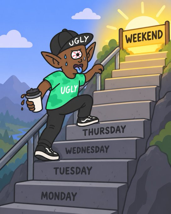 A cartoon figure labeled "UGLY" on his cap and shirt climbs a staircase of weekdays—Monday, Tuesday, Wednesday, Thursday—toward a glowing "WEEKEND" sign, visibly exhausted and gripping a coffee cup, perfectly illustrating the post's push to power through Thursday and claim the weekend.