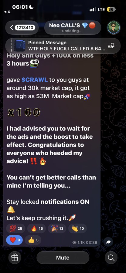 A Telegram group chat screenshot for 'Neo CALL'S' promoting '$CRAWL' token, claiming a 100x return from 30k to $3M market cap in less than 3 hours.