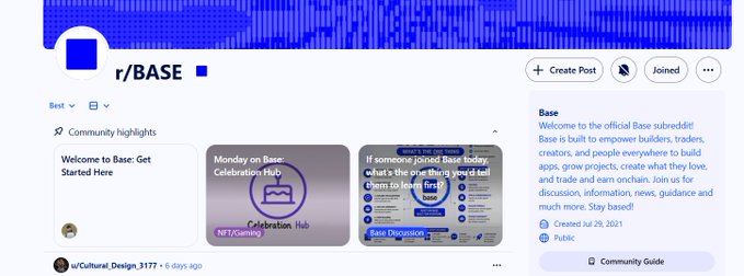 A screenshot of the r/Base subreddit page on Reddit, showing "Welcome to Base: Get Started Here" and "Celebration Hub" featured in the Community Highlights section. The image visually confirms the post's claim that the Celebration Hub subreddit was spotlighted on the official Base Reddit.
