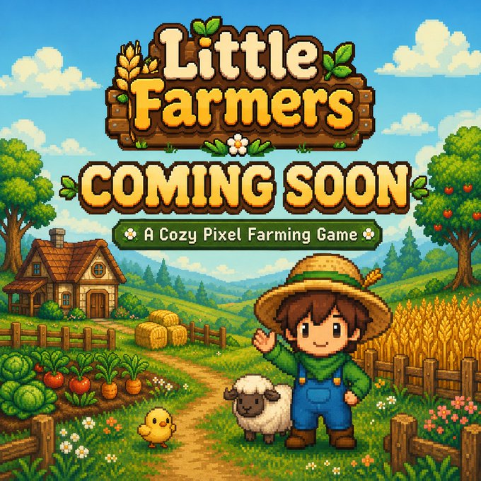 A charming pixel-art promotional image for "Little Farmers" — tagged "Coming Soon: A Cozy Pixel Farming Game" — depicts a smiling young farmer in a straw hat and overalls waving alongside a sheep and a chick on a lush farm with crops, hay bales, and a cottage, perfectly matching the announcement of the upcoming cozy farming adventure built on Solana.