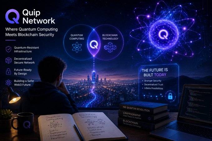 A person studies at a desk beneath a glowing "Quip Network" graphic highlighting the intersection of quantum computing and blockchain technology, with visible text such as "Where Quantum Computing Meets Blockchain Security," "Quantum-Resistant Infrastructure," "Decentralized Secure Network," "Future-Ready By Design," and "Building a Safer Web3 Future," alongside books titled "The Quantum Revolution" and "Cryptography From Theory to Practice." The image visually echoes the post's message by illustrating the convergence of two distinct fields, reinforcing how Quip Network bridges quantum computing and blockchain into a unified, forward-looking concept.