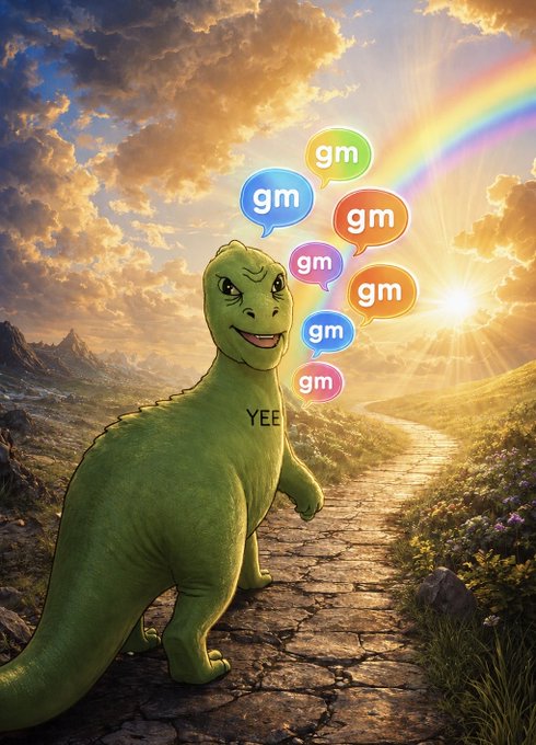 An AI-generated image of a green cartoon T-Rex dinosaur standing on a dirt path with multiple colorful 'gm' speech bubbles floating above its head against a sunset sky with a rainbow.