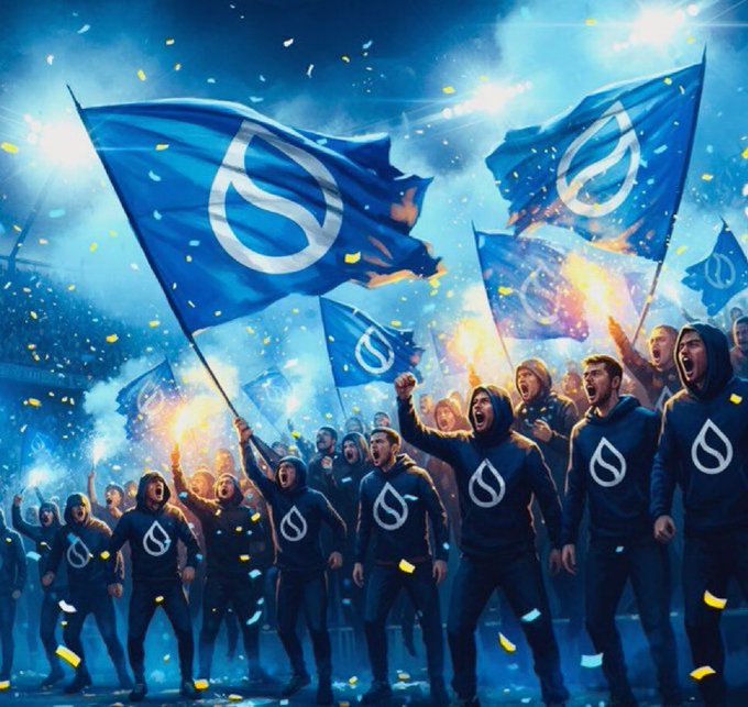 A dramatic illustration of a cheering sports crowd in matching dark hoodies waving blue flags with a white circular logo in a stadium setting.