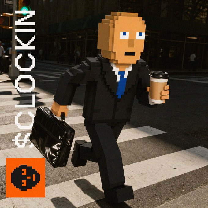 A 3D pixelated businessman in a suit rushes across a crosswalk holding a briefcase and a coffee cup, with "LOCKED IN" displayed vertically on the left and "3D" in an orange box below, visually embodying the post's theme of being "Still Clocked In" and focused on the daily grind.