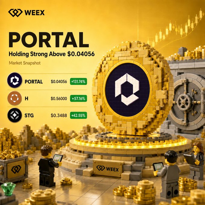 In this advertisement, there is a brick model of the cryptocurrency portfolio that has been sponsored by Weex. The model shows several coins, including one labeled "Portal" which is positioned over another coin called "H". A person holding an item related to these coins can be seen in front of the model. The post also explains how these virtual assets are being sold and features a link to learn more about investing in this new technology.