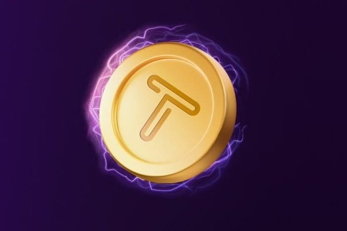 A 3D rendering of a golden coin bearing an upward arrow symbol, surrounded by purple electrical energy on a dark purple background.