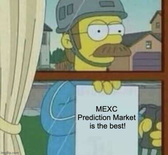 Homer Simpson wearing a military helmet holds up a sign reading "MEXC Prediction Market is the best!"—using the meme's enthusiastic endorsement to promote MEXC's Prediction Market rewards campaign offering bonuses for new trades and up to $1,000 for active traders.