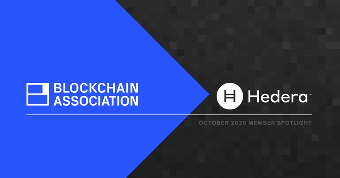 A graphic banner featuring the Blockchain Association logo on a blue chevron shape next to the Hedera logo, with text reading 'OCTOBER 2026 MEMBER SPOTLIGHT.'