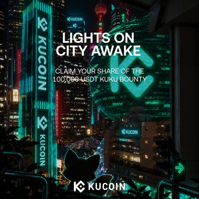 A nighttime cyberpunk cityscape bathed in neon teal and purple light, featuring skyscrapers illuminated with "KUCOIN" branding and a giant glowing "K" logo, overlaid with the text "LIGHTS ON CITY AWAKE — CLAIM YOUR SHARE OF THE 100,000 USDT KUKU BOUNTY." The image promotes KuCoin's "Neon" campaign bounty tied to the #KuKuUniverse social media challenge mentioned in the post.