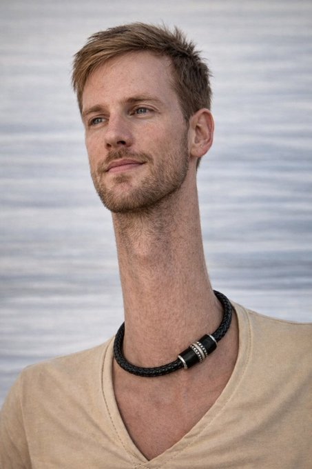 A man with a long neck and a beaded necklace looks off to the side with a thoughtful, hopeful expression, humorously embodying the "POV" of searching for the next 1000x gem on Robinhood Chain. The comically elongated neck visually amplifies the "moonboy" optimism of hunting for explosive gains.