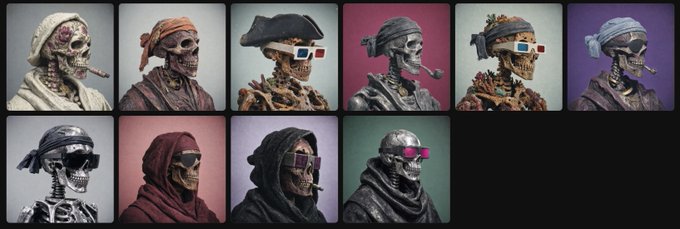 A grid of 10 skeletal pirate portraits with accessories like bandanas, pirate hats, sunglasses, and pipes against colorful backgrounds, representing the "Argonos" AI art NFT collection minted by @fmiasp on OpenSea.