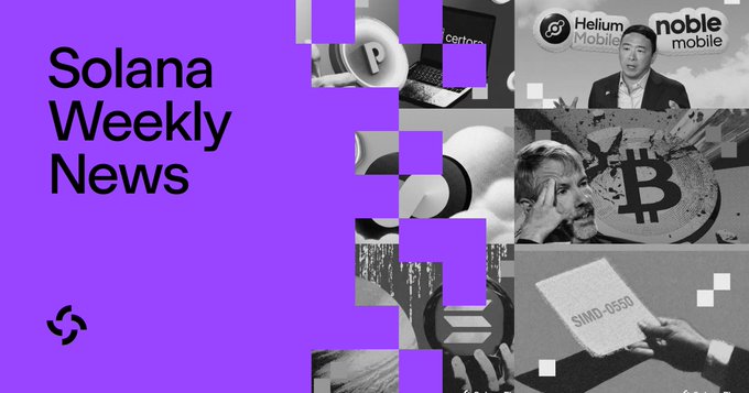 The image features a purple square with white text that reads "Solana Weekly News". The top part of the square displays multiple photos, including a black and white photograph of a hand holding an open book labeled "SOLANA Weekly News". These images collectively show various aspects related to Solana Weekly News.