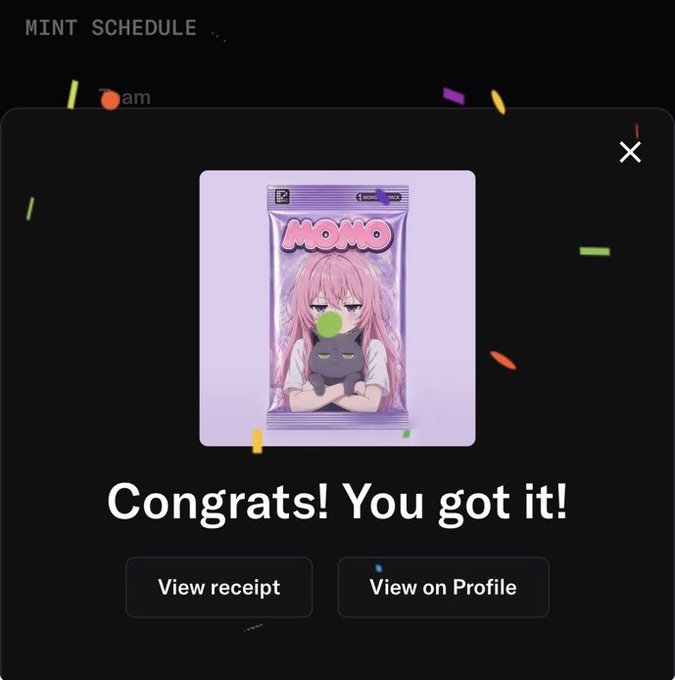A mobile app screenshot titled 'MINT SCHEDULE' congratulating the user with 'Congrats! You got it!' for a collectible featuring a pink-haired anime character and a black cat, with options to 'View receipt' or 'View on Profile'.
