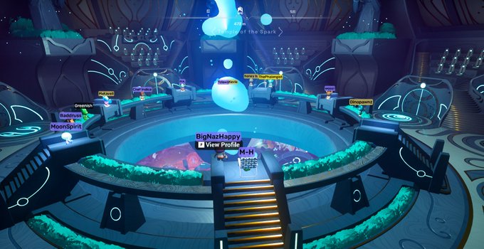 A vibrant virtual gaming lobby with an underwater/cosmic theme, showing player avatars including 'BigNazNappy', 'MoonSpirit', and 'DaBounty' arranged around a central glowing platform.