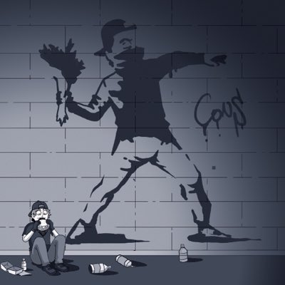 A cartoon depicts a small homeless-looking character sitting against a brick wall beneath a large Banksy-style stencil of a child throwing a bouquet of flowers, with scattered bottles around.