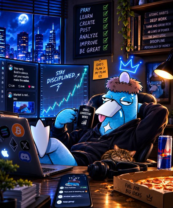 Digital illustration of a blue bird-like character sitting in a dark room at night, drinking from a 'Small Consistent Wins' mug, surrounded by multiple monitors displaying a 'STAY DISCIPLINED' chart, a to-do list (PRAY, LEARN, CREATE, POST, ANALYZE, IMPROVE, BE GREAT), a sleeping cat, a laptop with crypto logos, a smartphone showing notifications, a Red Bull can, and a pizza box labeled 'FUEL FOR BIG IDEAS'.