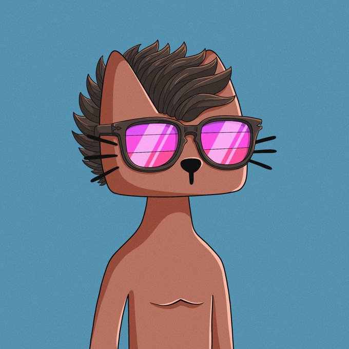 A digital illustration of a stylized brown cat character with a spiky brown tuft of hair, wearing pink-reflective sunglasses against a solid blue background.