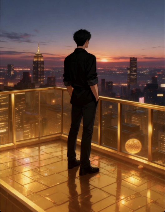An anime-style illustration of a young man with dark hair, wearing a black shirt and pants, standing on a balcony overlooking a city skyline at sunset, viewed from behind.