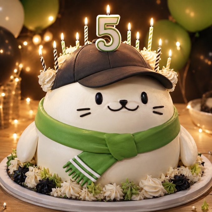 A birthday cake shaped like a cute white cat wearing a brown cap and green scarf has a '5' shaped candle and several other lit candles on top, with balloons and string lights in the background.