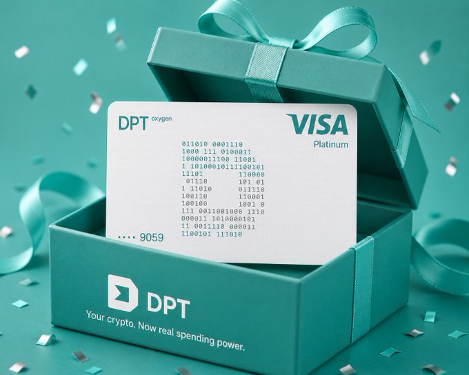 A teal gift box with a bow reveals a Visa Platinum card branded "DPT oxygen," featuring a binary code design and the tagline "Your crypto. Now real spending power." The image visually promotes the DPT crypto debit card offering, complementing the BitMart Card promotion with its 30% issuance fee discount and $5 welcome voucher.