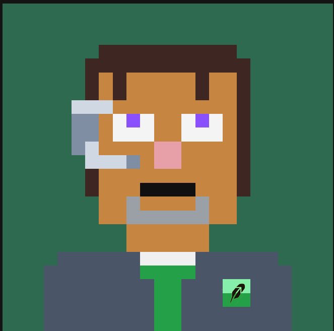 A pixel art portrait of a person wearing a headset, featuring purple eyes, a headset microphone, and a dark blue shirt with a green tie, set against a dark green background.
