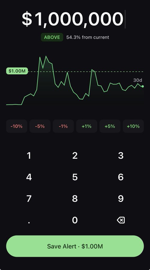 A screenshot of a price alert creation screen showing a target of $1,000,000 (54.3% above current) for an unnamed asset, possibly related to the $TOAD token mentioned in the post about airdrop distribution.